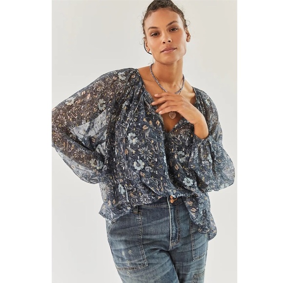 Anthropologie Let Me Be Blue Floral Sheer Chiffon Blouse M Puffed Sleeves Boho - Picture 13 of 14